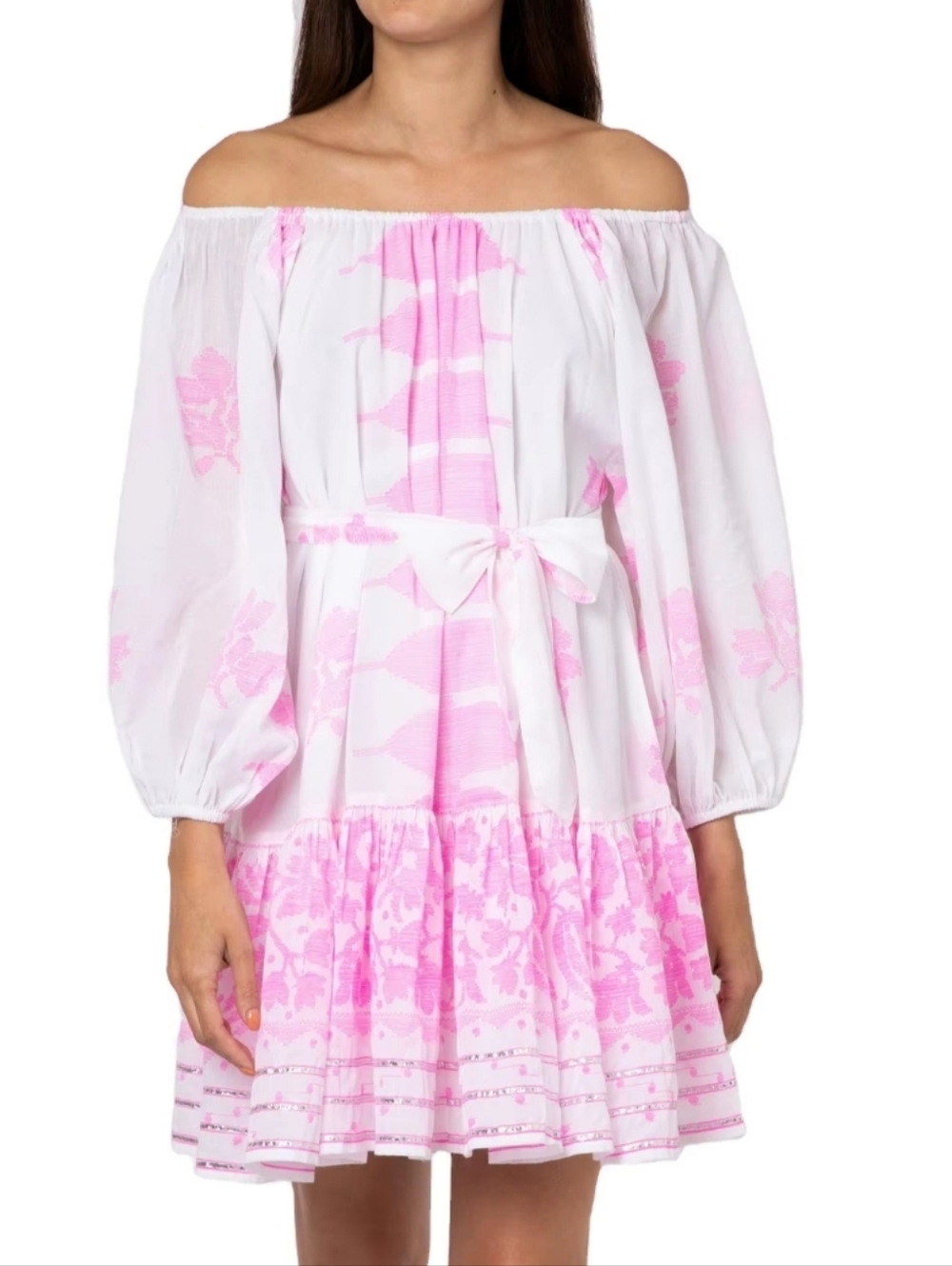Juliet Dunn Off Shoulder Printed Cotton Mini Dress in White/Pink OS